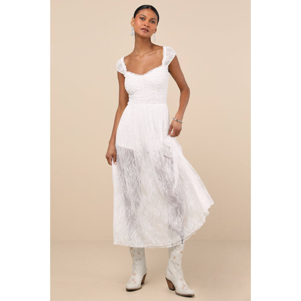 Lulus Enisa White Sheer Lace Cap Sleeve Midi Dress - Size M